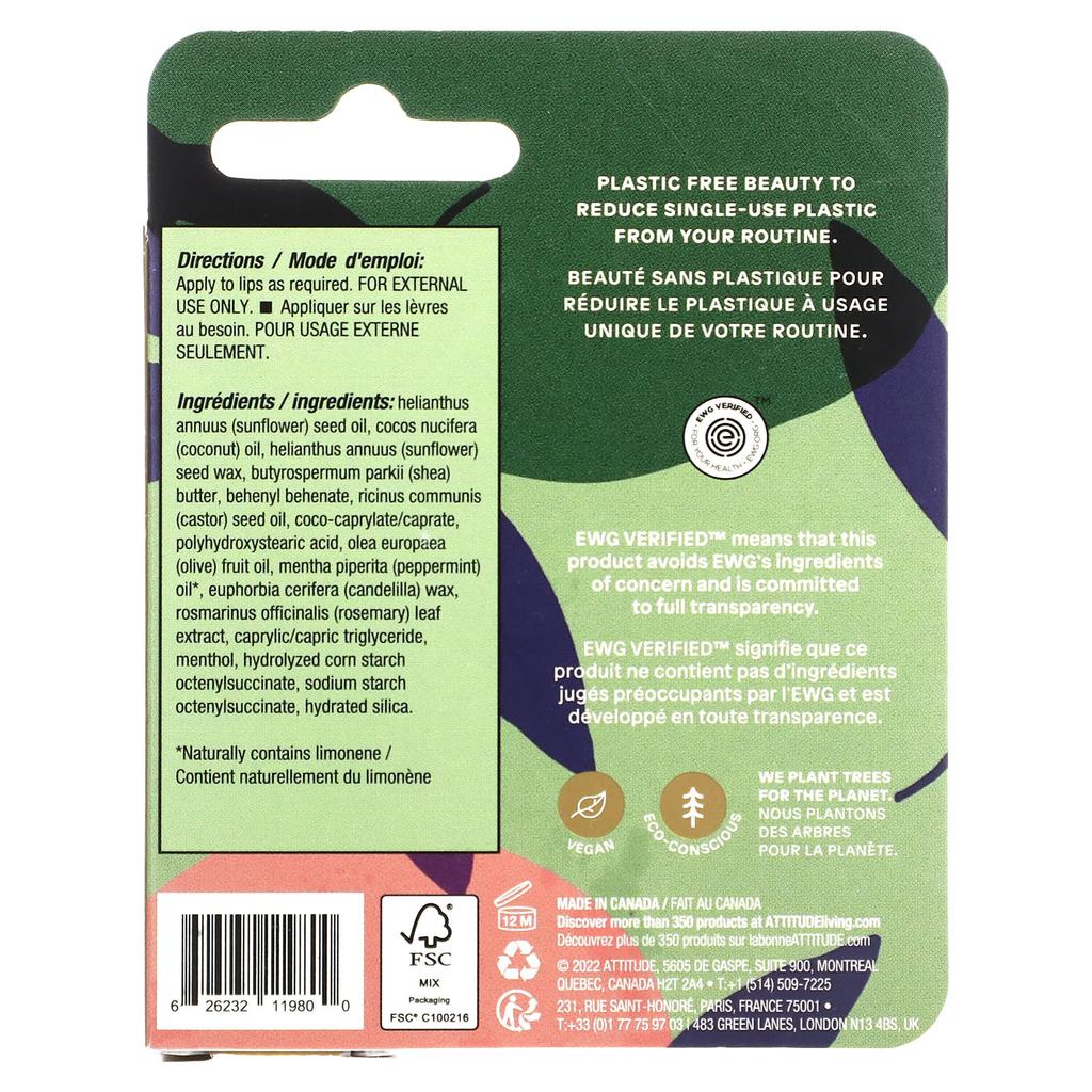 ATTITUDE Leaves Bar, бальзам для губ, свежая мята, 8,5 г (0,3 унции)