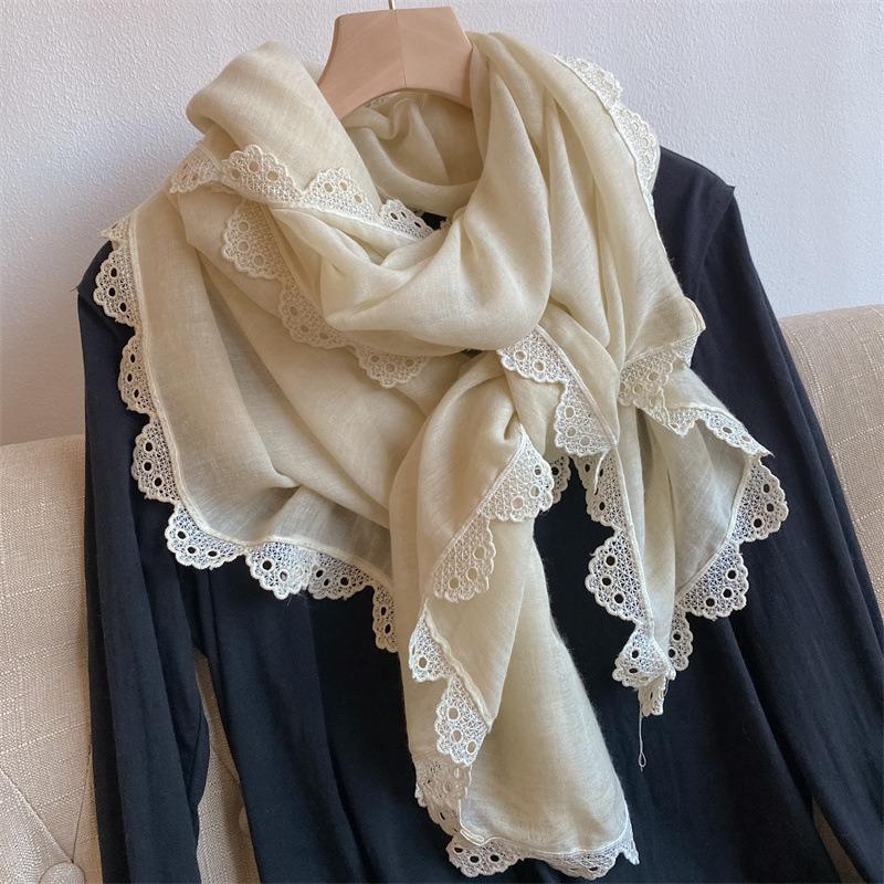 Early Autumn Fresh and Elegant Crochet Lace Cotton and Linen Thin Scarf Women's Fashion Outer Shawl Spring and Summer Decorative Long Silk Scarf