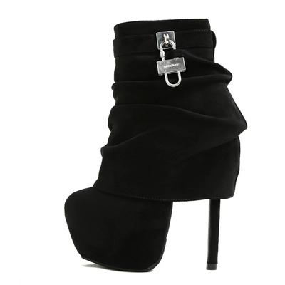 Роскошные дизайнерские сапоги на платформе с застежкой-молнией и металлической пряжкой, черные, с круглым носком, на очень высоком каблуке, для стриптиза, для танцев на пилоне