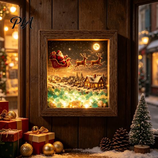 Bedside Ambient Light Christmas Sea Glass Shadow Box Night Light, 3D Winter Snow Scene Wooden Retro Style Wall Decor Art Frame with LED Warm