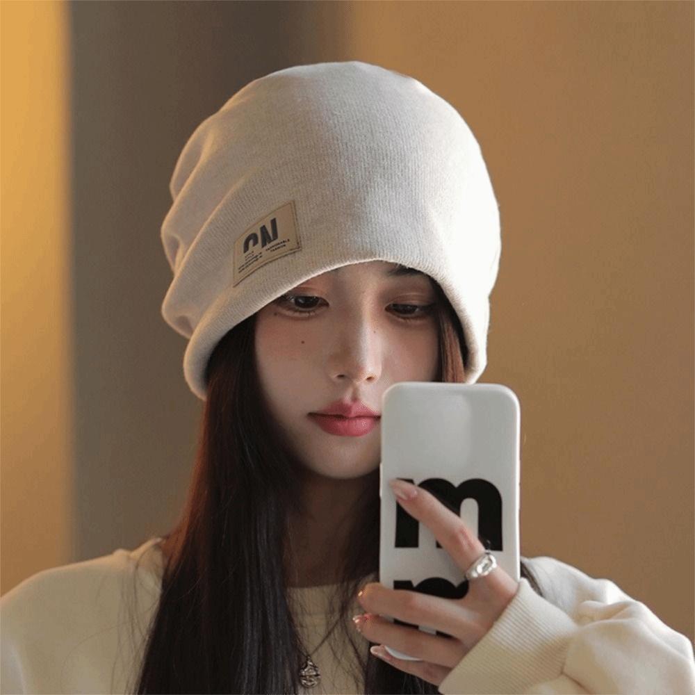 Thickened Plush Beanies Hats Coldproof Letter Pullover Hats Solid Color Warm Cap Outdoor