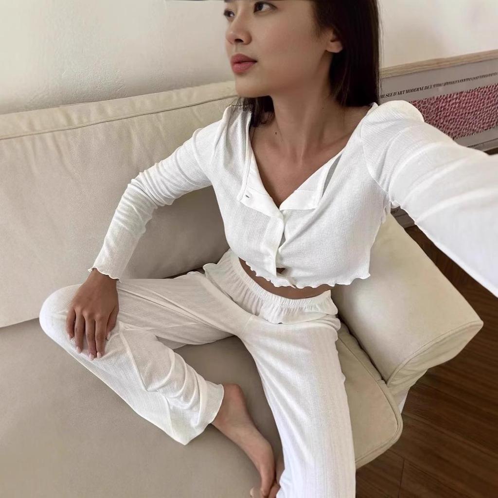 2025 Европейский и Американский Вязаный Комплект из Хлопкового Смесового Материала с Длинным Рукавом и Брюками для Осени/Зимы