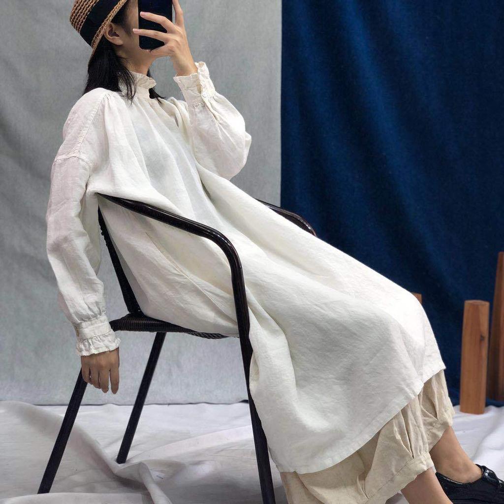 Johnature Осенние винтажные льняные халаты, женские повседневные однотонные свободные платья с оборками и воротником, женское платье с длинными рукавами