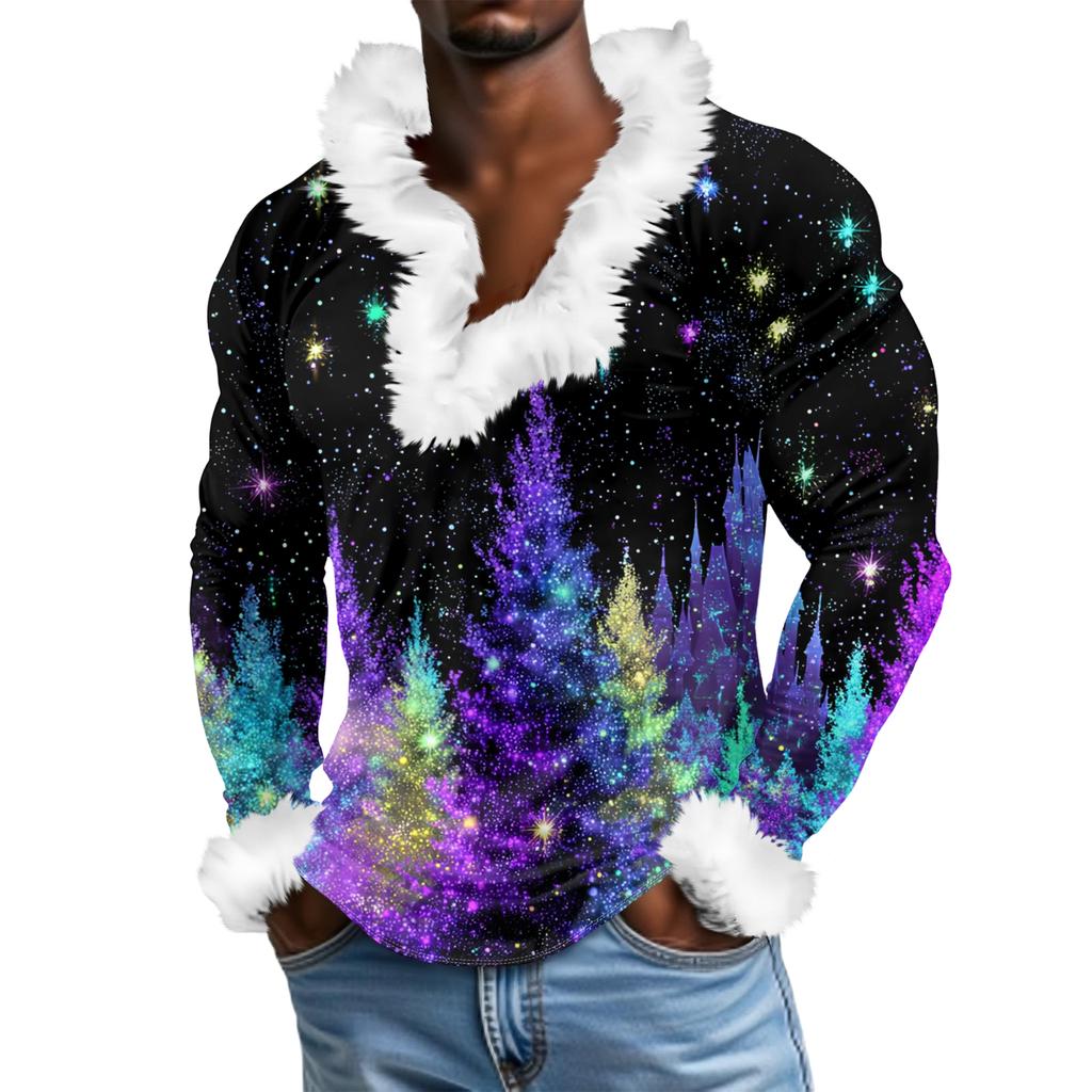 Мужской повседневный рождественский плюшевый свитшот с V-образным вырезом и длинными рукавами из флиса