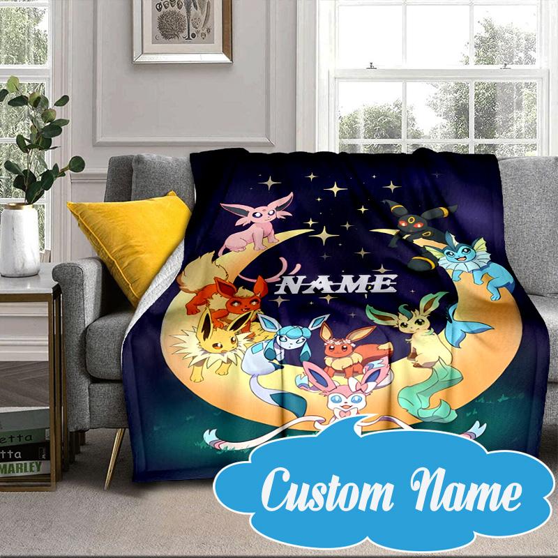 Custom Name Blanket Eeveelutions Moonlit Flannel blankets Patterns Throw Blanket All-Season Soft Gift for Couch, Bed, Camping Birthday gifts