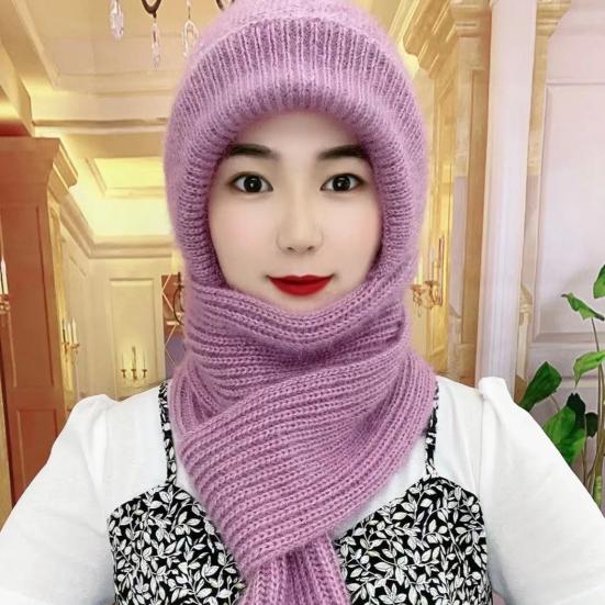 Women Winter Hat with Scarf Thick Warm Plush Windproof Cycling Headwear Solid Color Elastic