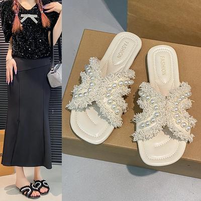 Жемчужные тапочки женские летние новые фея модные на плоской подошве красивые с темпераментом прохладные тапочки