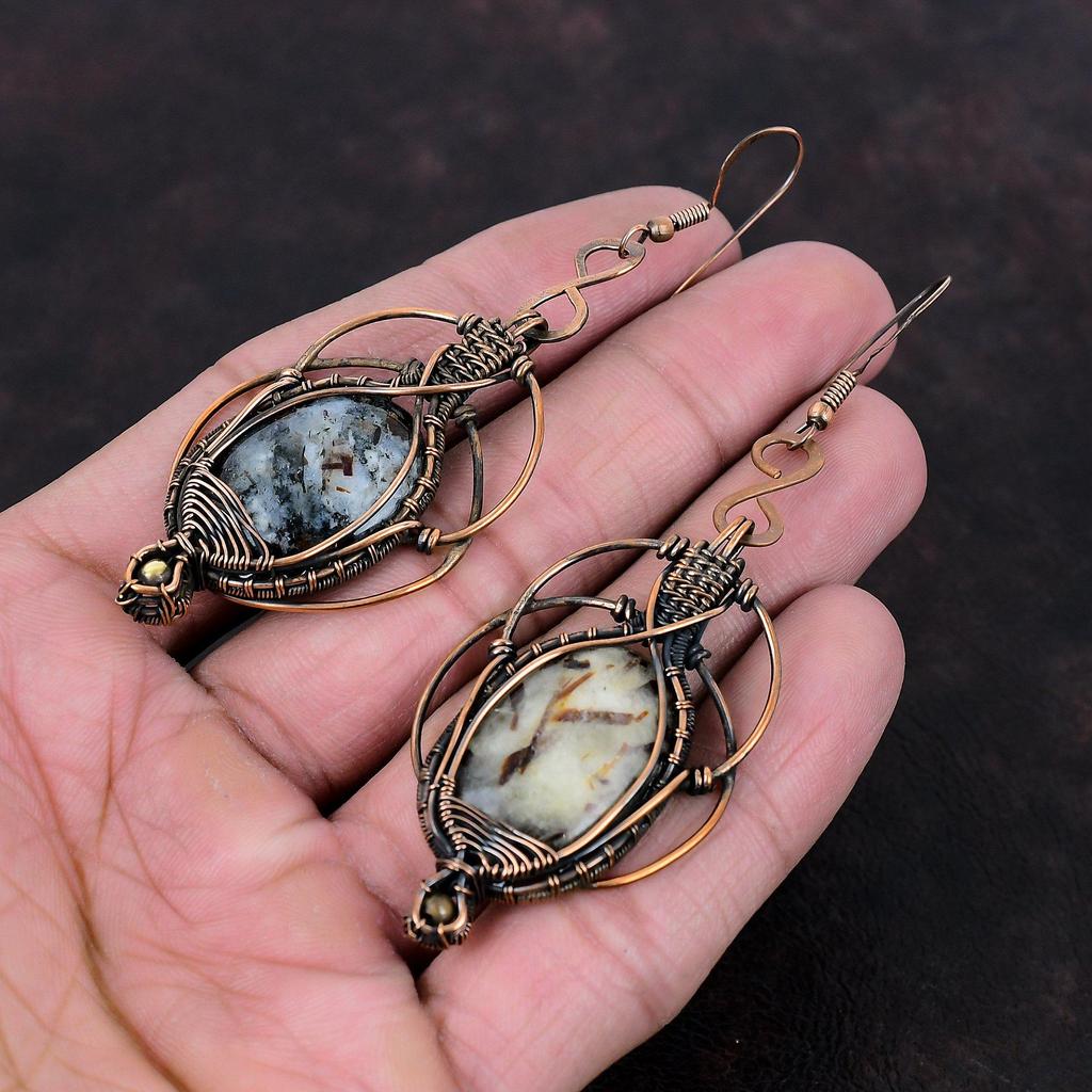 Серьги из астрофиллита, медная проволочная обертка, серьги ручной работы, ювелирные изделия из натуральных драгоценных камней, уникальные серьги, подарок на годовщину, медные украшения