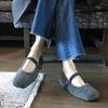 Not Tired Feet! French Mary Jane Shoes Women's 2025 New Gray Woolen One-buckle with Square Head Flat Bottom Shallow Mouth Single Shoes