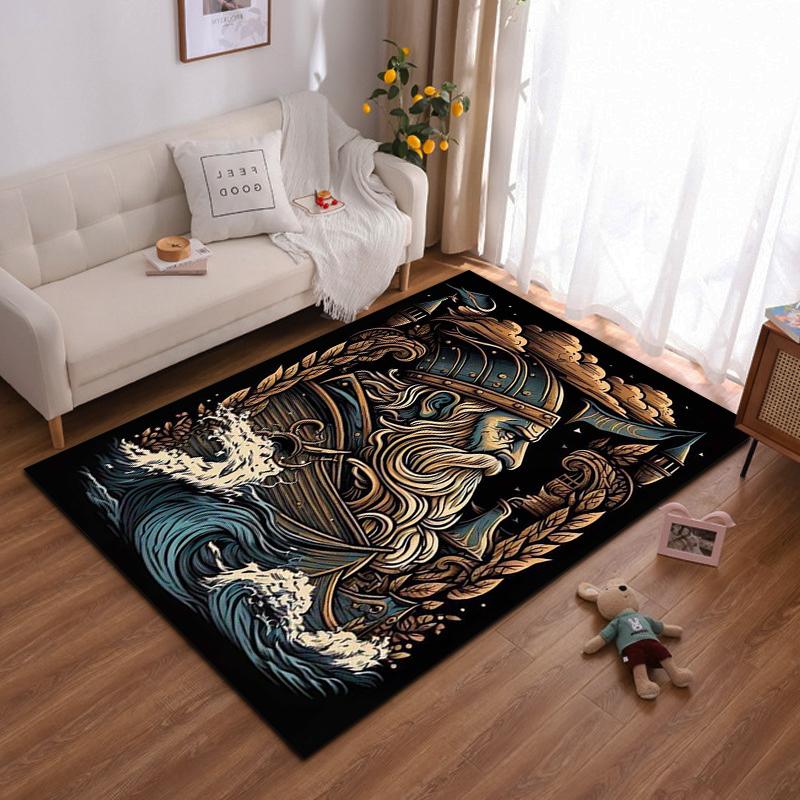 Viking Warrior Design Carpet with Ocean Waves and Nordic Style Pattern Suitable for use as an anti-slip for living room bedroom sofas