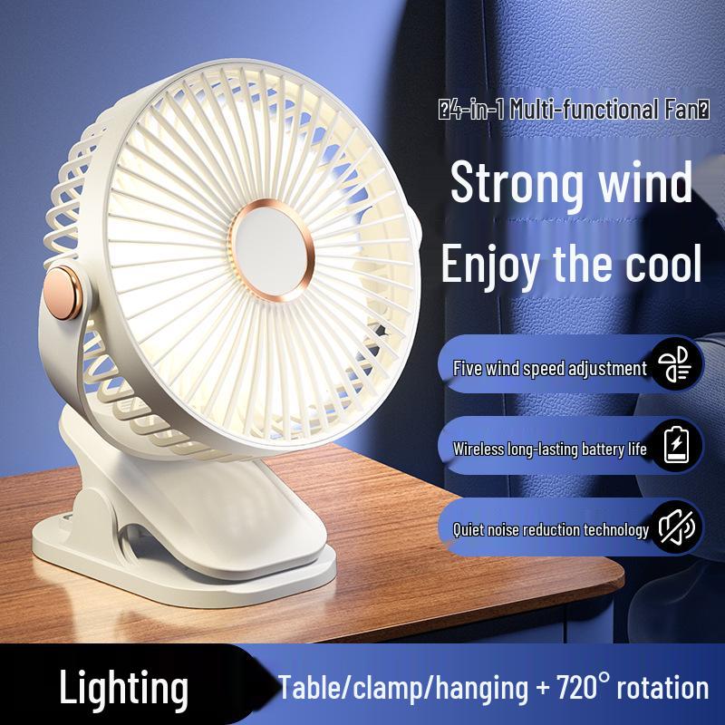 USB Rechargeable Clip-On Fan with Night Light for Dorm, Bed, and Desk