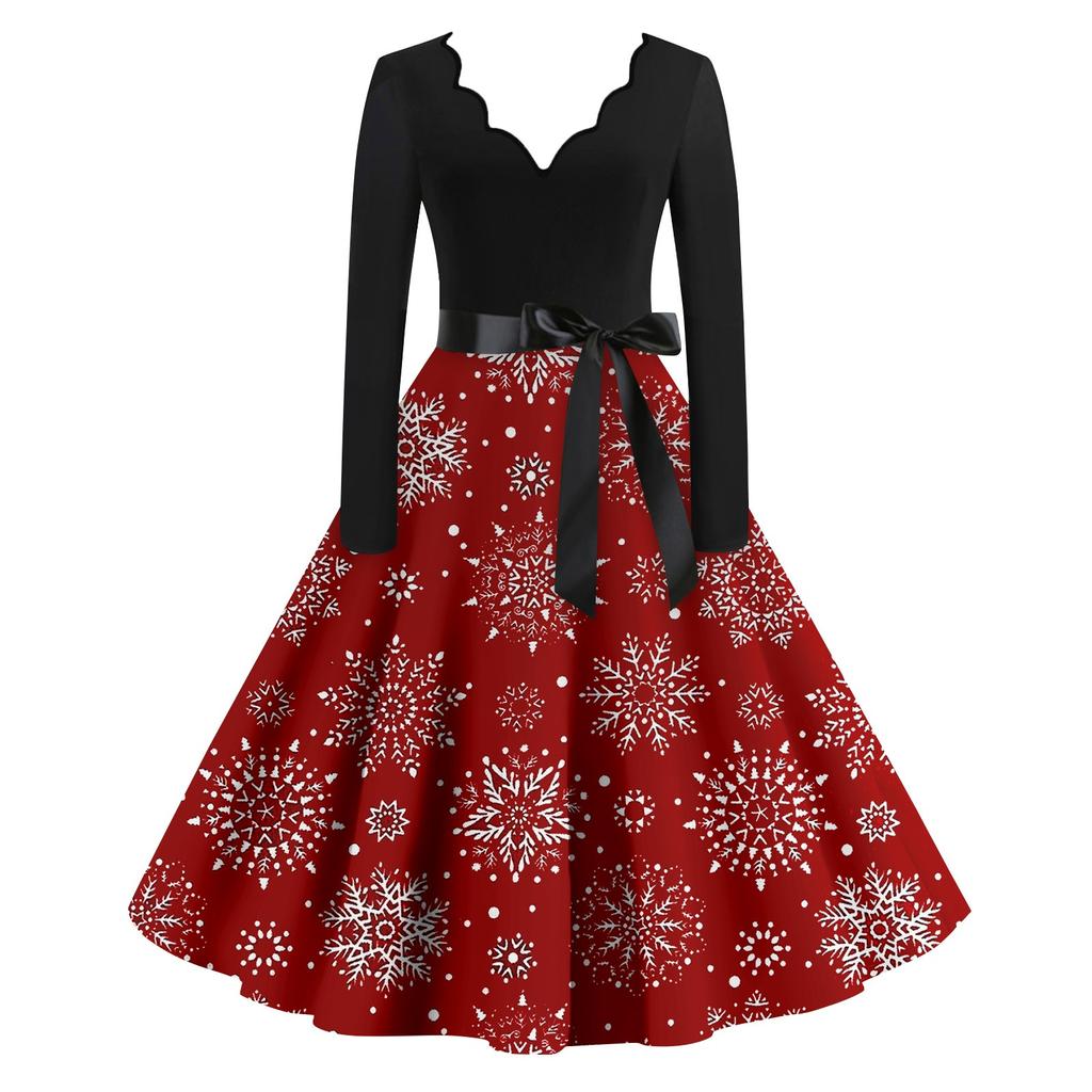 Женские повседневные модные длинные платья с рождественским графическим принтом и длинными рукавами в винтажном стиле