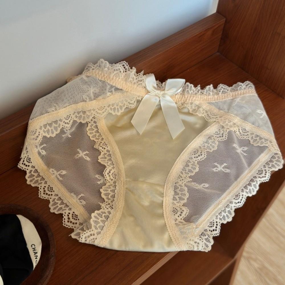 Breathable Low Waist Lace Panties Transparent Cotton Crotch Mesh Flower Briefs Lingerie Bow Lace Thin Underwear Lady