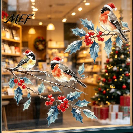 Watercolor Bird Window Stickers Christmas Sticker, Santa Hat on Beey Easy Install Clings Branch Static Decal, Waterproof Cling for Holiday Party