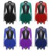 Womens Sparkling Rhinestones Dance Dress Contrast Color Keyhole Back Figure Skating Long Sleeve Dresses