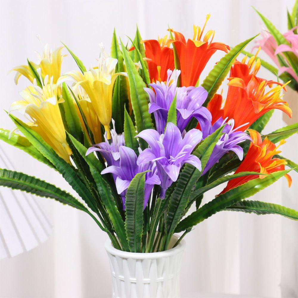 7Heads Colorful Water Grass Wedding Decor Fake Lily Persian Leaf Artificial Flowers Lilies Bouquet