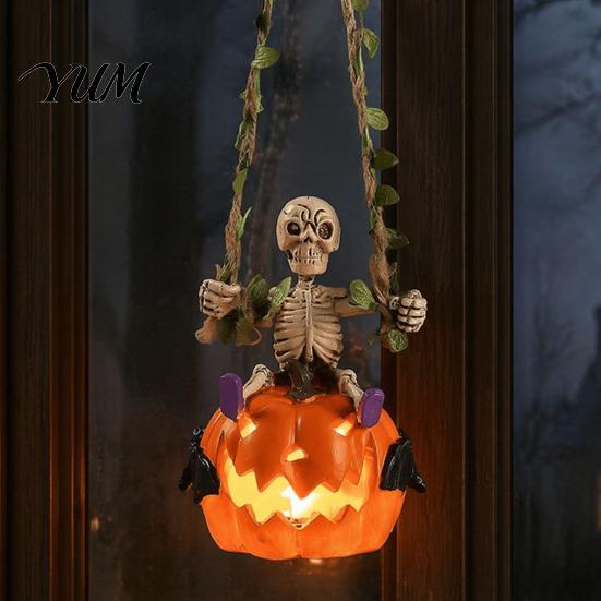 Spooky Haunted House Prop Swing Skeleton with Lighted Pumpkin, Light-up Ornament, Halloween Garden Tree Decor Hanging Statue for Indoor Front