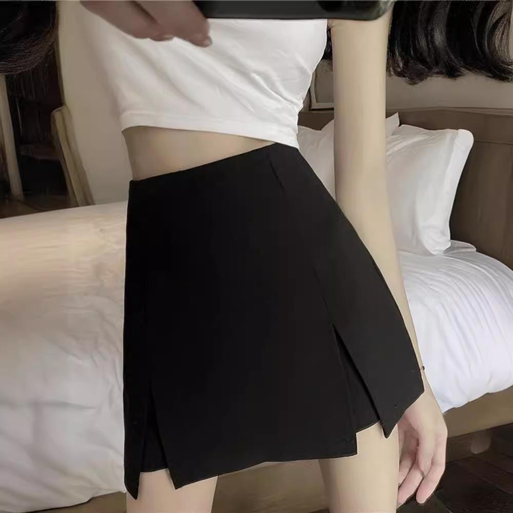 Новая юбка А-силуэта с разрезом, облегающая фигуру, с высокой талией, в корейском стиле, черного цвета, для женщин - осенняя, больших размеров, стройнящая, средней длины.