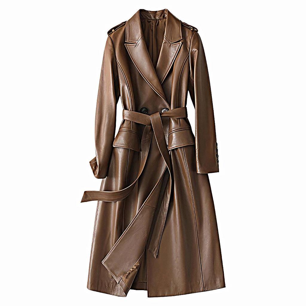 NOORA Women'S Real Lambskin Leather Jacket, Trench Coats ,Belt Fashion, Streetwear Long Styles,Business Meeting Cout,Best Birthday Gift FOr Her