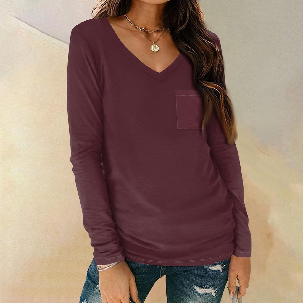 Women's Shirt V-Neck Casual Top With Pocket Fashion Solid Color Long Sleeve
