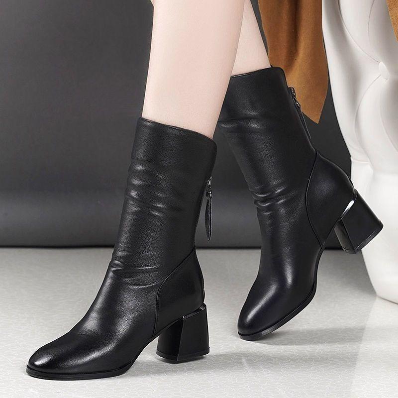 Fashion Leather Middle Heel Mid Calf Shoes Woman Winter 2025 Novelty Trend Demi-season Chic and Elegant Sale Half High Boots for Women