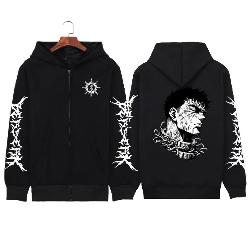 Skull Berserk Zip Up Hoodie Manga Graphic Print Zipper Sweatshirts Men Unisex Long Sleeves Fleece Hooded Streetwear Coats