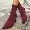 Мода Мода Слипоны Тонкие Вязаные Ботильоны Женские Большого Размера Стрейч Сапоги на Высоком Каблуке Женские Осенне-Зимние Ботильоны-Носки на Тонком Каблуке