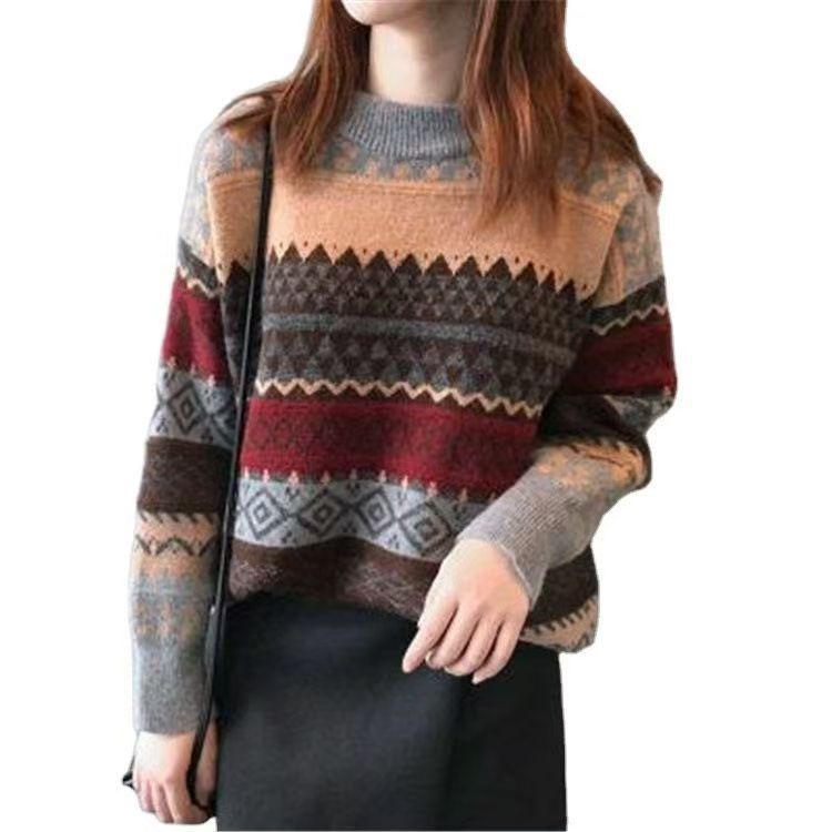 Round Neck Pullover Sweater for Women Autumn and Winter Loose Long Sleeved Knitted Sweater Jacket