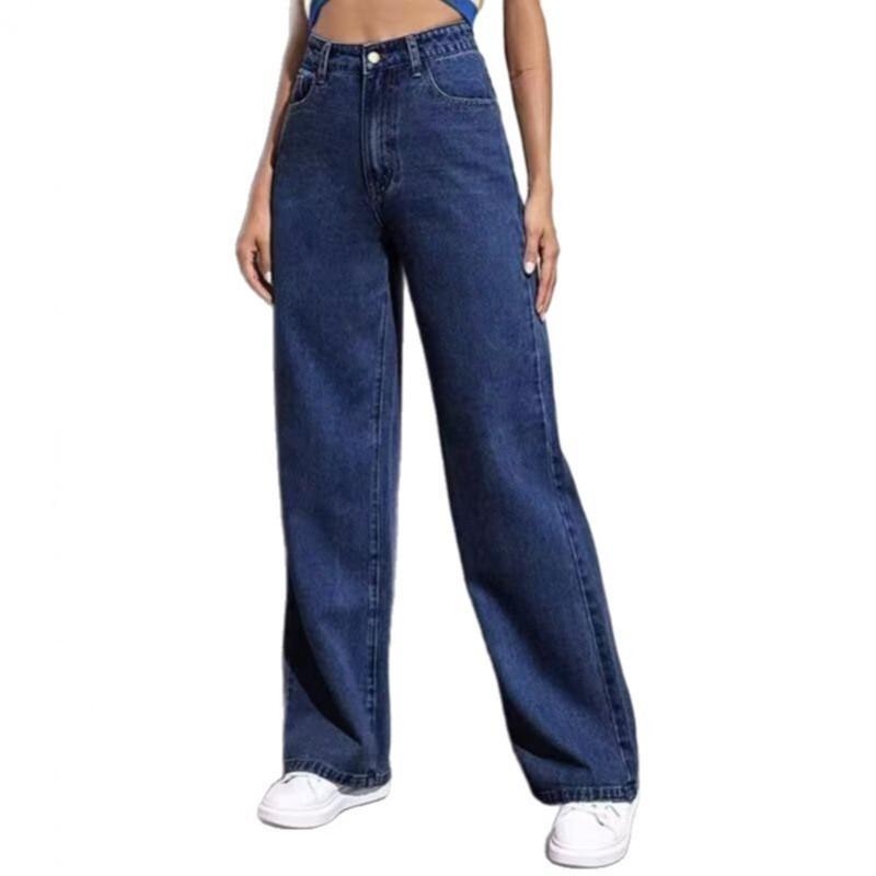 Womens High-Waisted Wide Leg Straight Jeans Black Washed Cotton Denim Pants Loose Fit Tall Slimming
