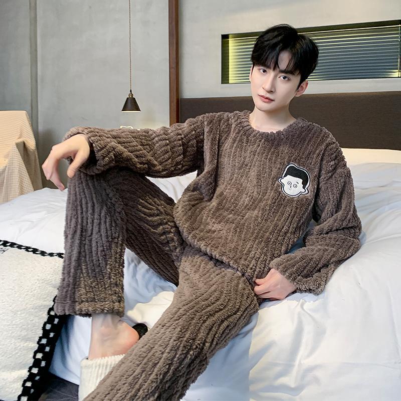 French Casual Outside Pajamas Set for Men Cotton Fleece Soft Warm Print Design Homewear Autumn Winter New Pajamas for Men