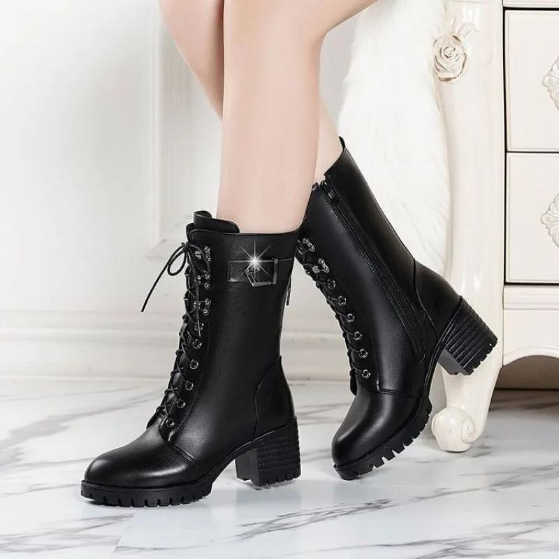 High Quality Black Women's Boots New Warm Cold Winter Ladies Leather Boots Anti-slip Wear-resistant Short Boots