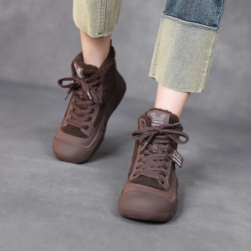 Johnature Хлопковая обувь с плюшевыми теплыми короткими сапогами из натуральной кожи с круглым носком, женская обувь на мягкой подошве