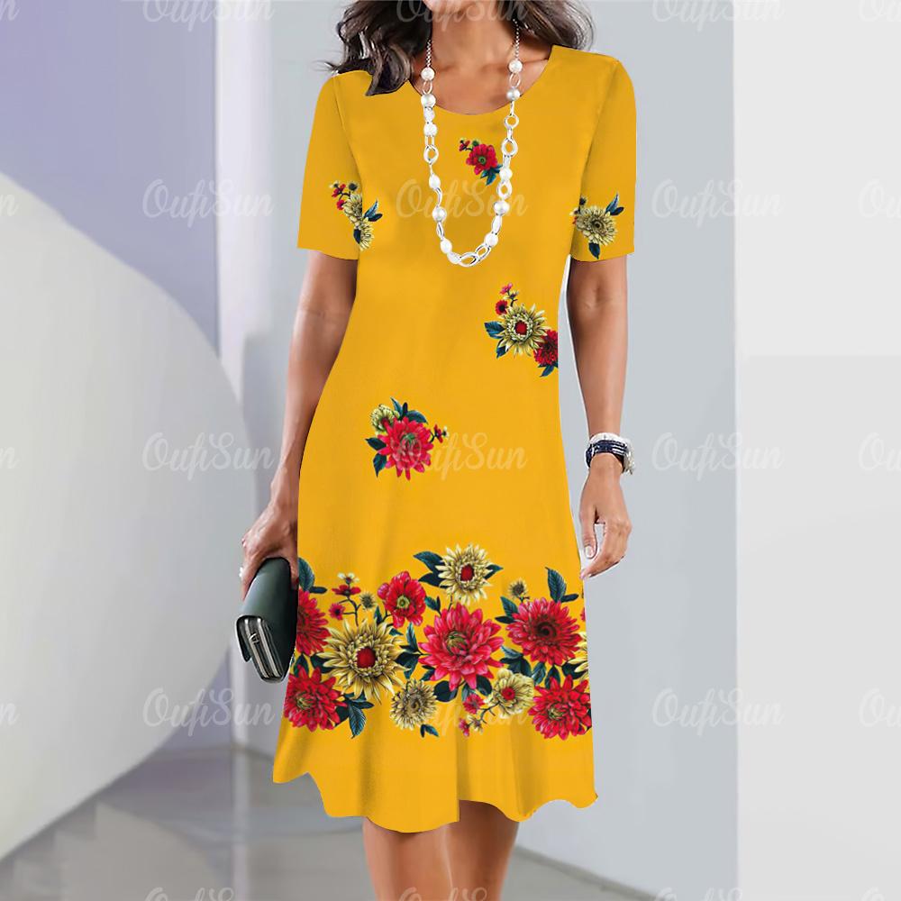 Новые женские платья, элементы 3D-цветочной печати, элегантные повседневные платья с коротким рукавом, модные женские платья больших размеров 2024 года