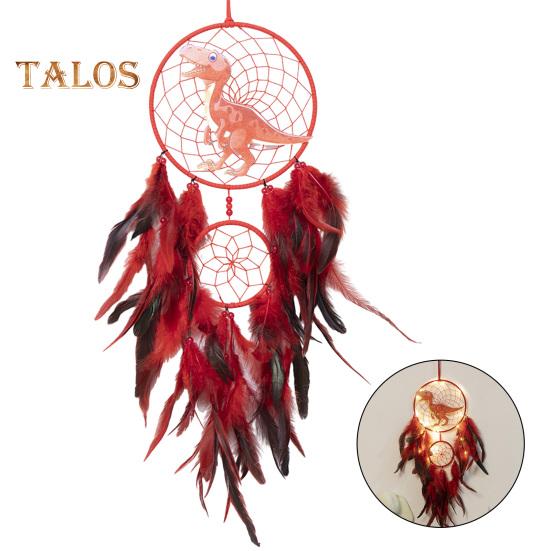 Dinosaur Dream Catcher Ornament Kids Faux LED Light Feather Dream Catcher Handmade Home Decor Birthday