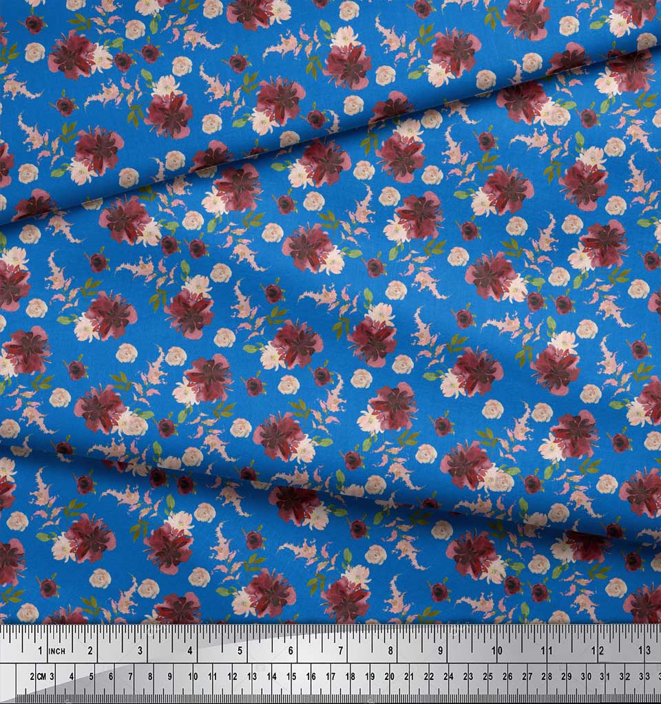 Soimoi Blue Poly Crepe Fabric Leaves & Chrysanthemum Floral Printed Fabric 1 metre 42 Inch