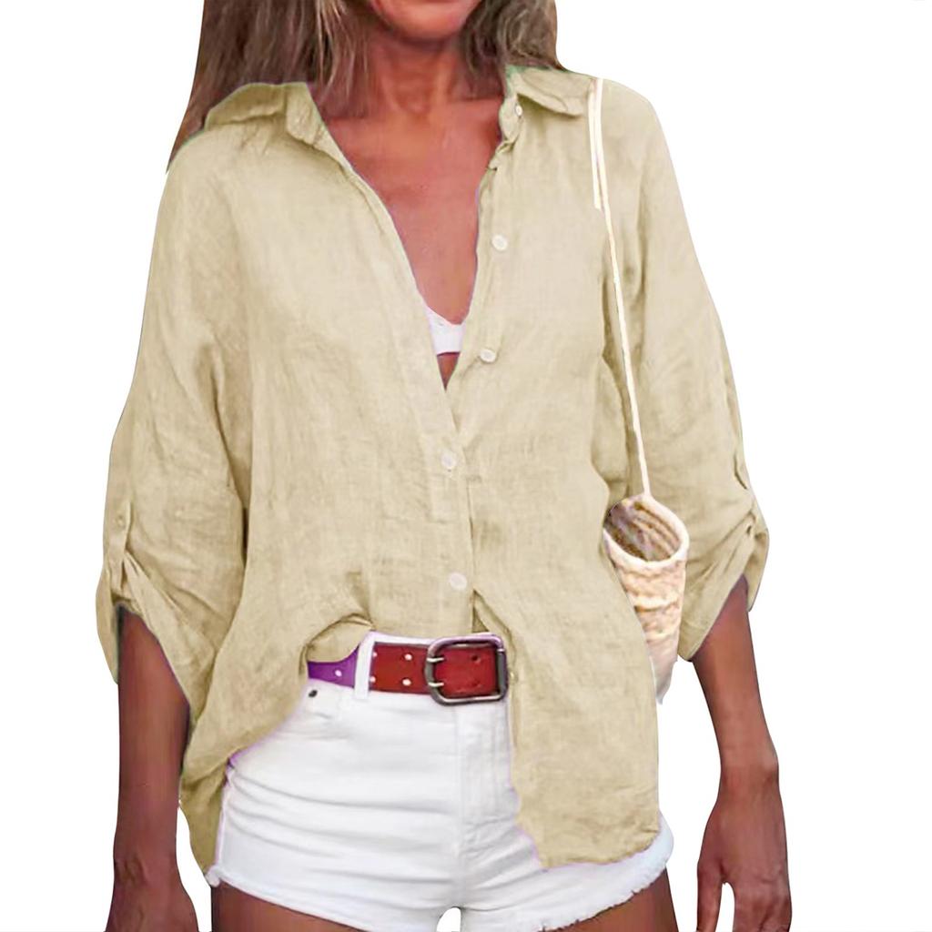Женская летняя хлопково-льняная однотонная свободная рубашка с семиточечным рукавом и v-образным вырезом