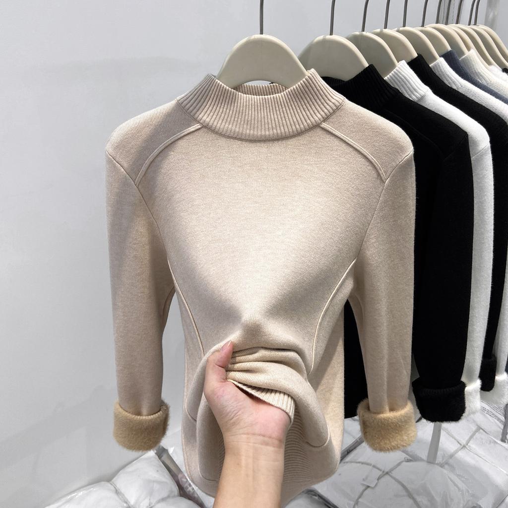 Fleece and Thickened Integrated Fleece Sweater Women's Soft Waxy Semi-turtleneck Bottoming Shirt Autumn and Winter Fish Bone Design Sense Inner Top