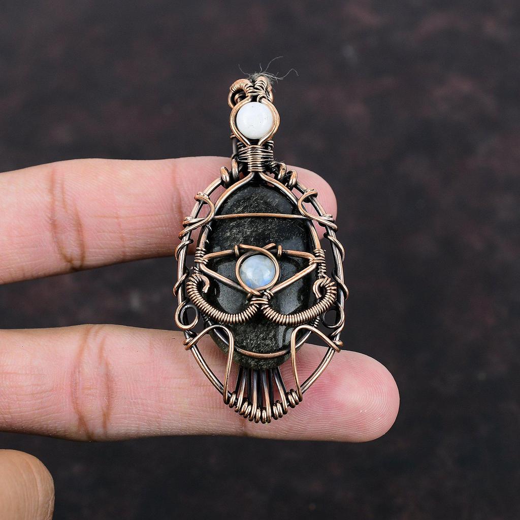 Серебряный кулон с блестящим обсидианом от сглаза, кулон с радужным лунным камнем, обернутый медной проволокой, ювелирные изделия из драгоценных камней, кулон ручной работы, подарок для него
