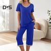 Women's Pajama Set Short Sleeve V-Neck Top And Wide Leg Cropped Pants 2 Piece Lounge Set Casual Summer Sleepwear with Pockets