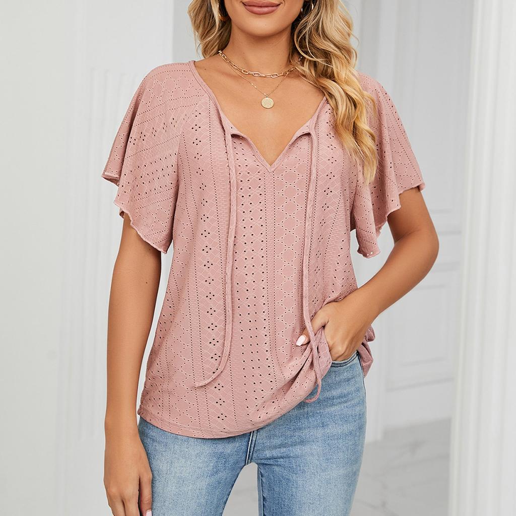 Женская простая повседневная свободная футболка с v-образным вырезом и рукавами реглан с короткими рукавами