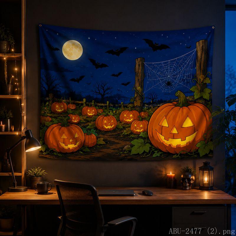 Purple Mist Spider Web Jack Pumpkin Bat Halloween Tapestry Living Room Festival Party Background Horror Room Decoration