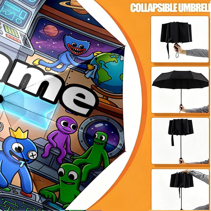 Custom Name Personalized Game Rainbow Friends Print Umbrella, Auto Open Close, 8‑Rib Sturdy Frame, Commute Camping Hiking Use, Birthday Gift