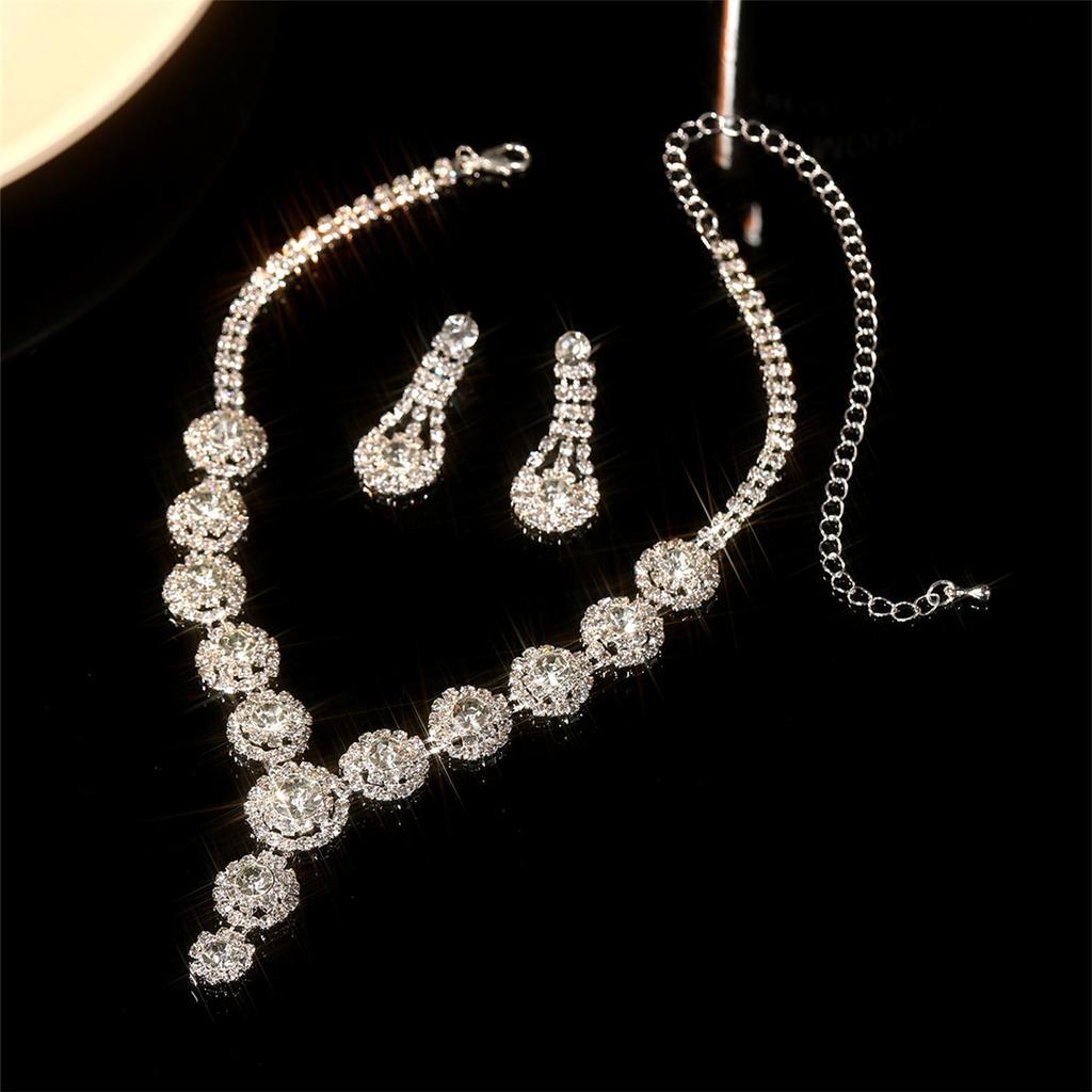 Temperament Shiny Rhinestone Necklace Earrings Two-piece Set, Bridal Jewelry Set, Wedding Dress Accessories