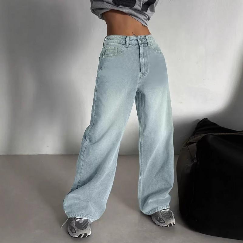 Womens High-Waisted Wide-Leg Straight Cut Distressed Denim Jeans Loose Fit Full-Length Pant 2025