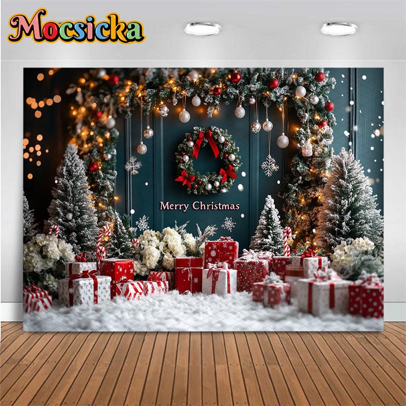Mocsicka С Рождеством Фон Фотосъемка Реквизит Рождественская Елка Снег Подарки Декорации Дети Взрослые Семейная Вечеринка Фон