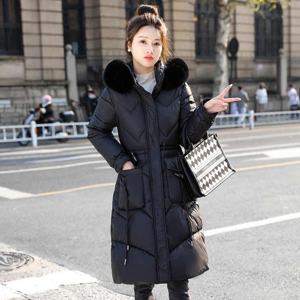 Зимняя новая корейская версия длинного ниже колена хлопкового пуховика для женщин с большим меховым воротником, приталенный и утолщенный хлопковый пуховик для женщин