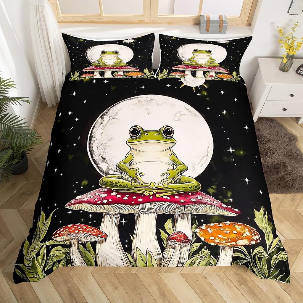 Кавайный пододеяльник с принтом лягушек, пододеяльник с лягушками и грибами, ботанический грибной комплект постельного белья размера твин/полуторный, квин для комнаты девочки-подростка