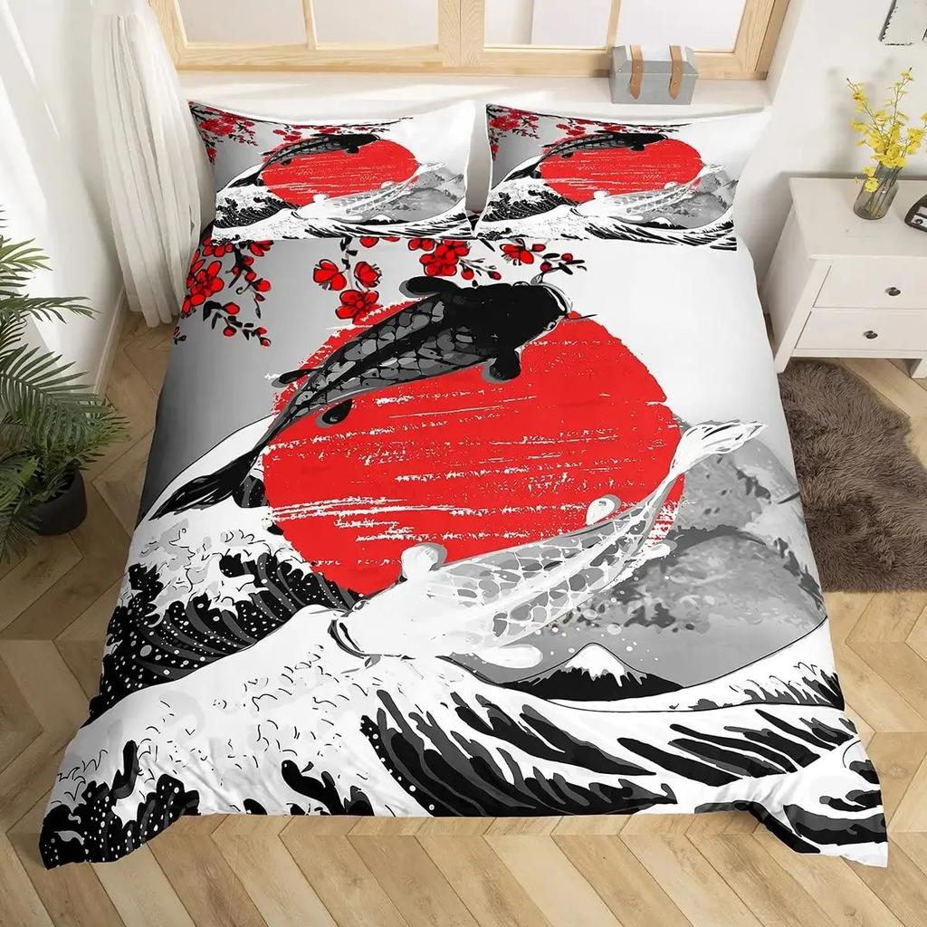 Koi Fish Duvet Cover Set Carp Tie Dye Bedding Sets Traditional Chinese Ink Art Bedspread Lotus Leaf Nature Quilt Cover Full Size