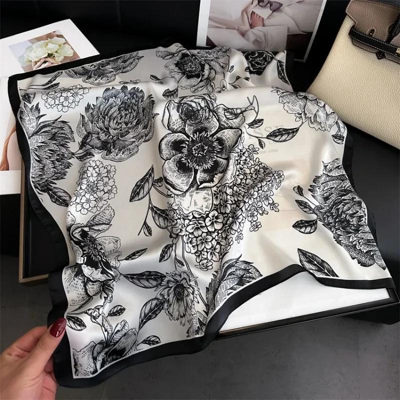 Fashionable Black Flower Scarf 70*70cm Summer Breathable Silk Scarves for Woman Outdoor Sun Protection Wraps