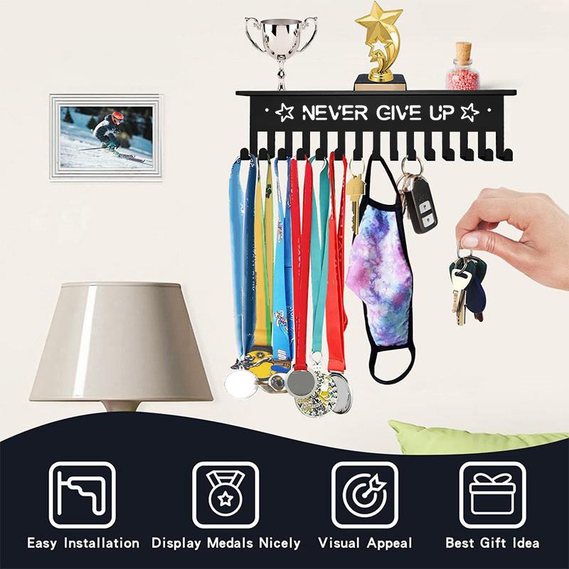 Metal Trophy Display Stand Athletic Award Organizer Never Give Up Theme Wall-Mounted Medal Display Rack Multi-Hook Home Decor